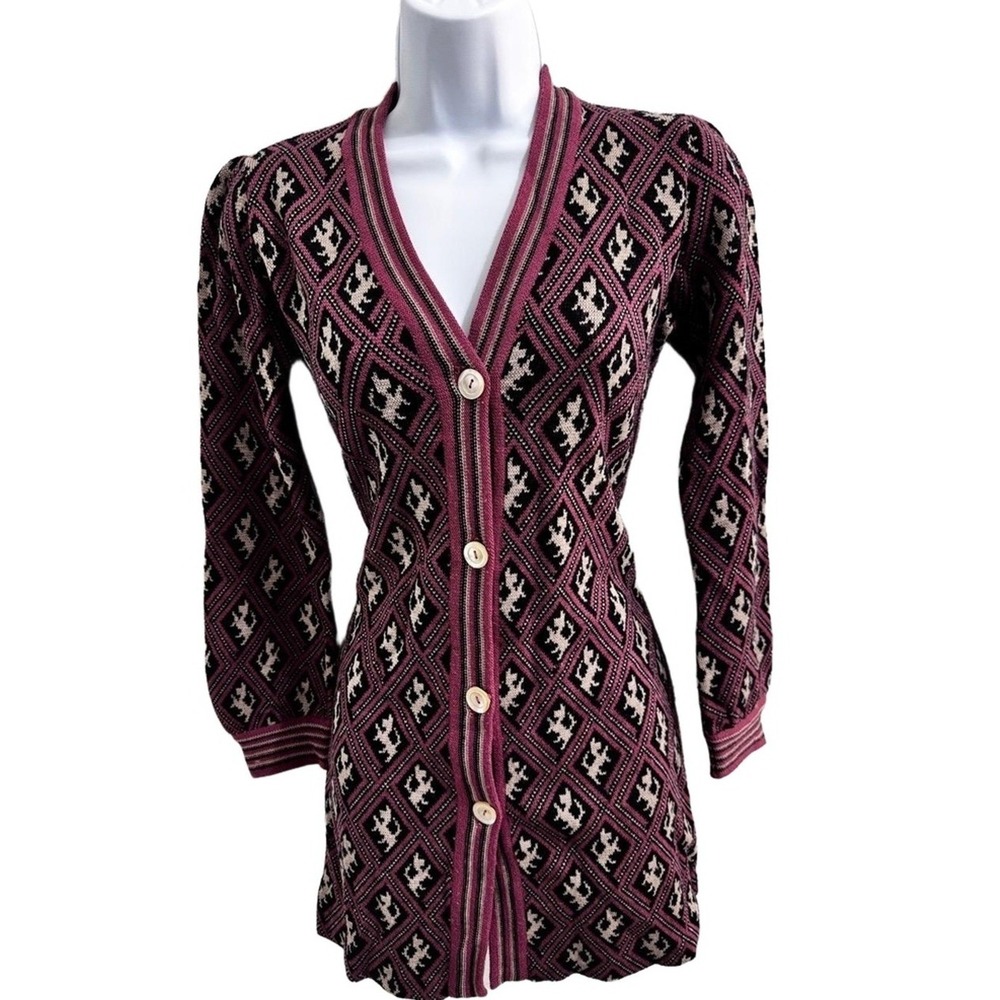 Vintage Antony Glasgow Cardigan Womens Long Sweater Pink Black Knit Dog Pattern